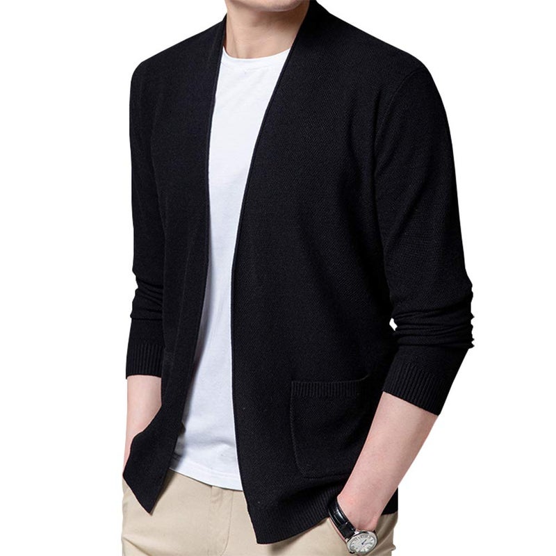 Womleys Mens Casual Open Front Long Sleeve Cotton Cardigan Sweater (Black, Small) - Image 2